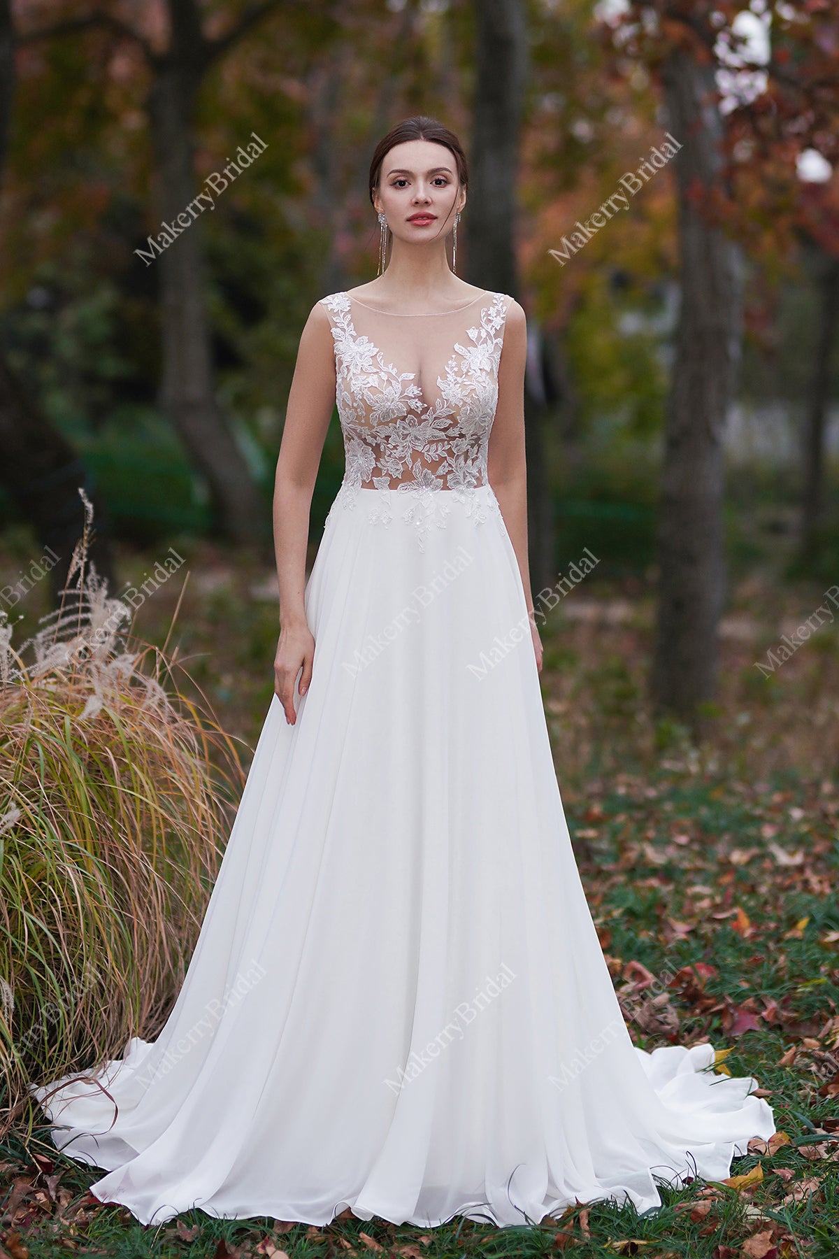 Sheer Lace Appliques Beach Wedding Dress