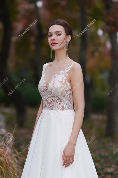 Sheer Lace Appliques Beach Wedding Dress