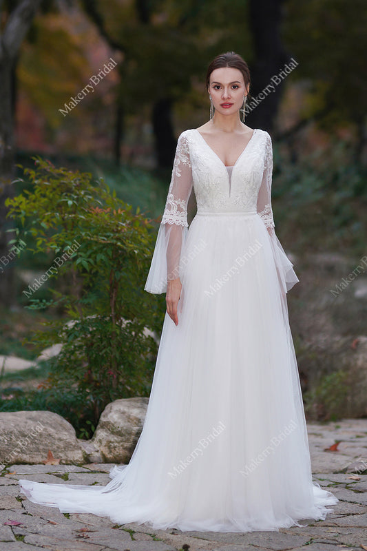 A-Line Boho Wedding Dress With Long Sleeves