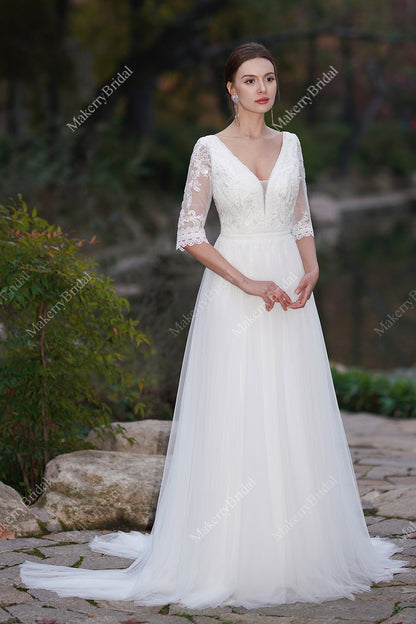 A-Line Boho Wedding Dress With Long Sleeves