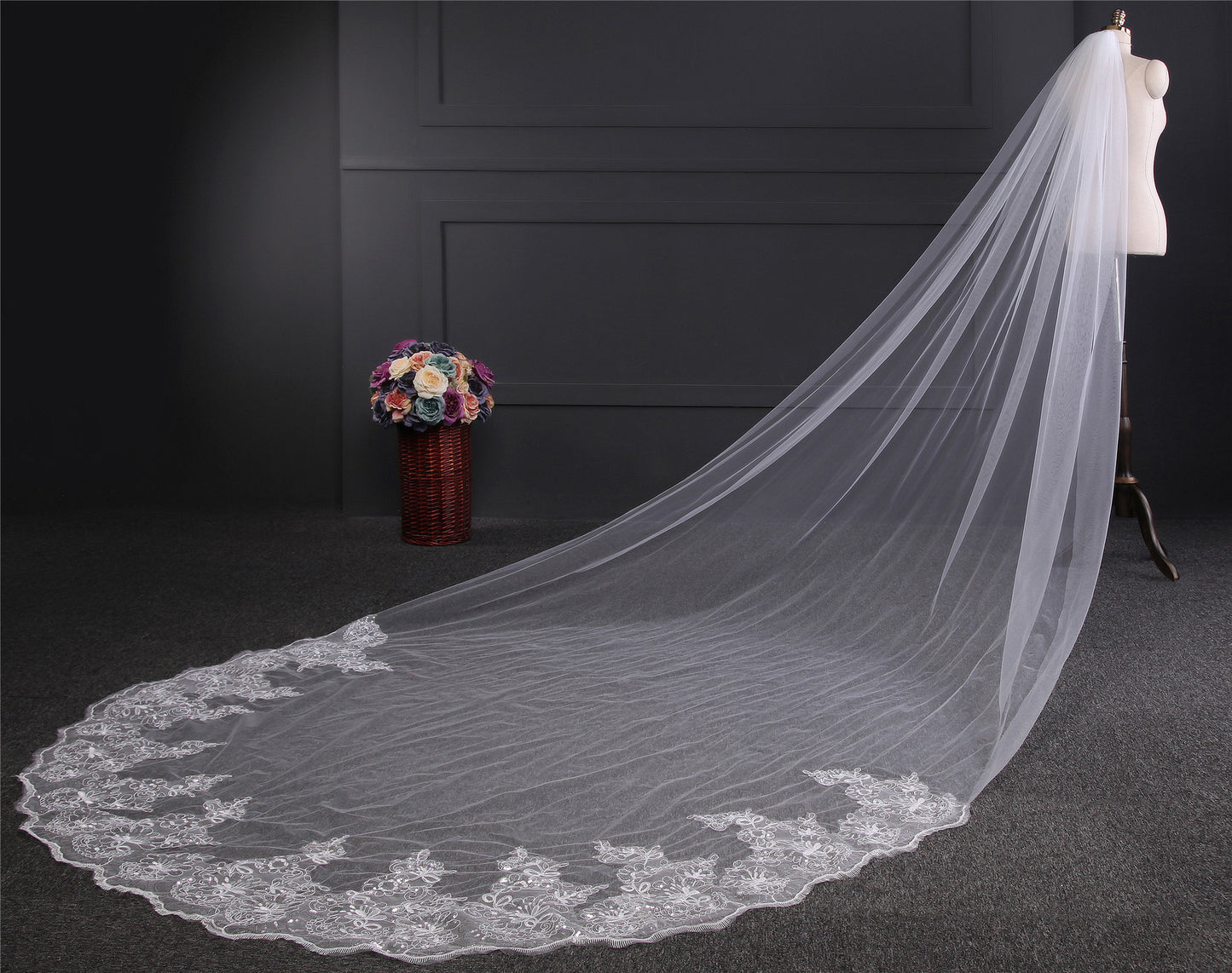 Cathedral Sequins Long Lace Edge Bridal Veil with Comb