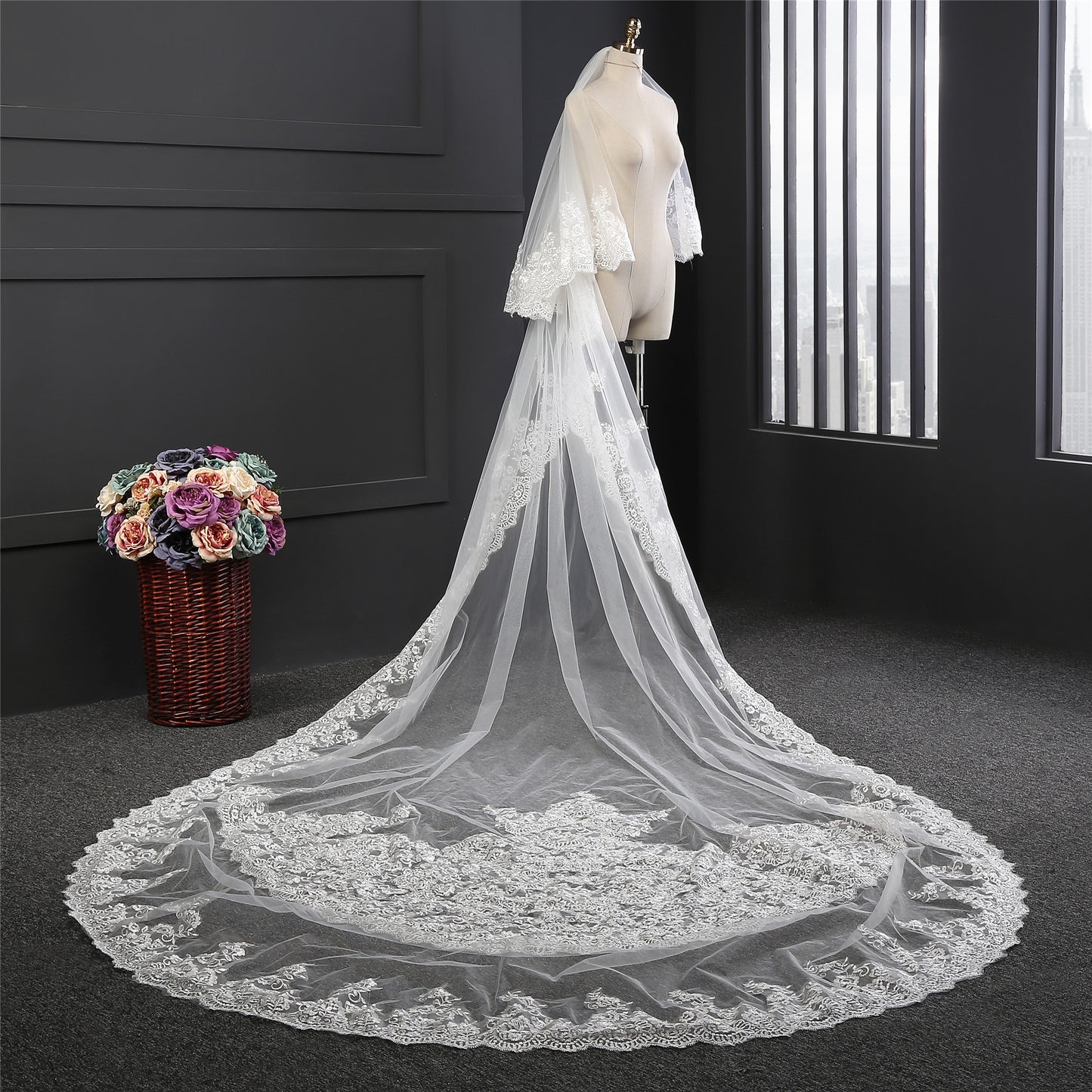 Luxury three meters long lace applique wedding veils