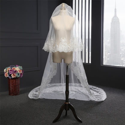 Luxury three meters long lace applique wedding veils