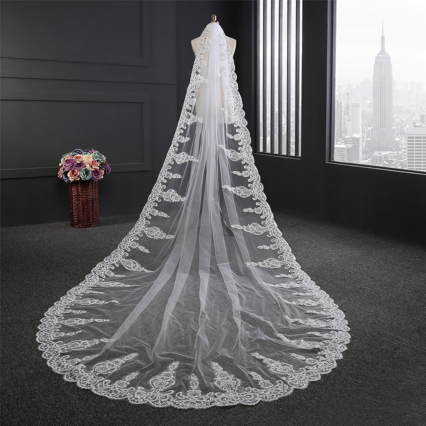 Lace applique long single layer wedding veil