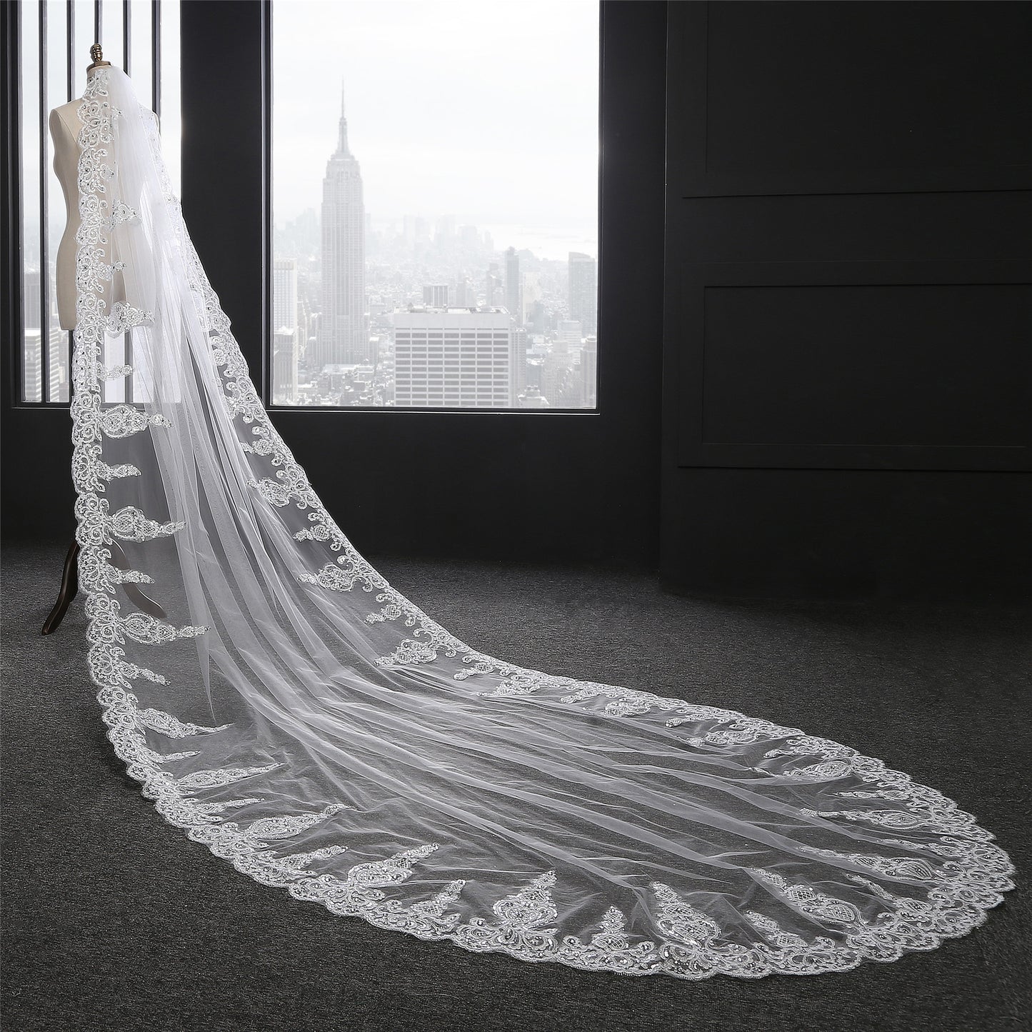 Lace applique long single layer wedding veil