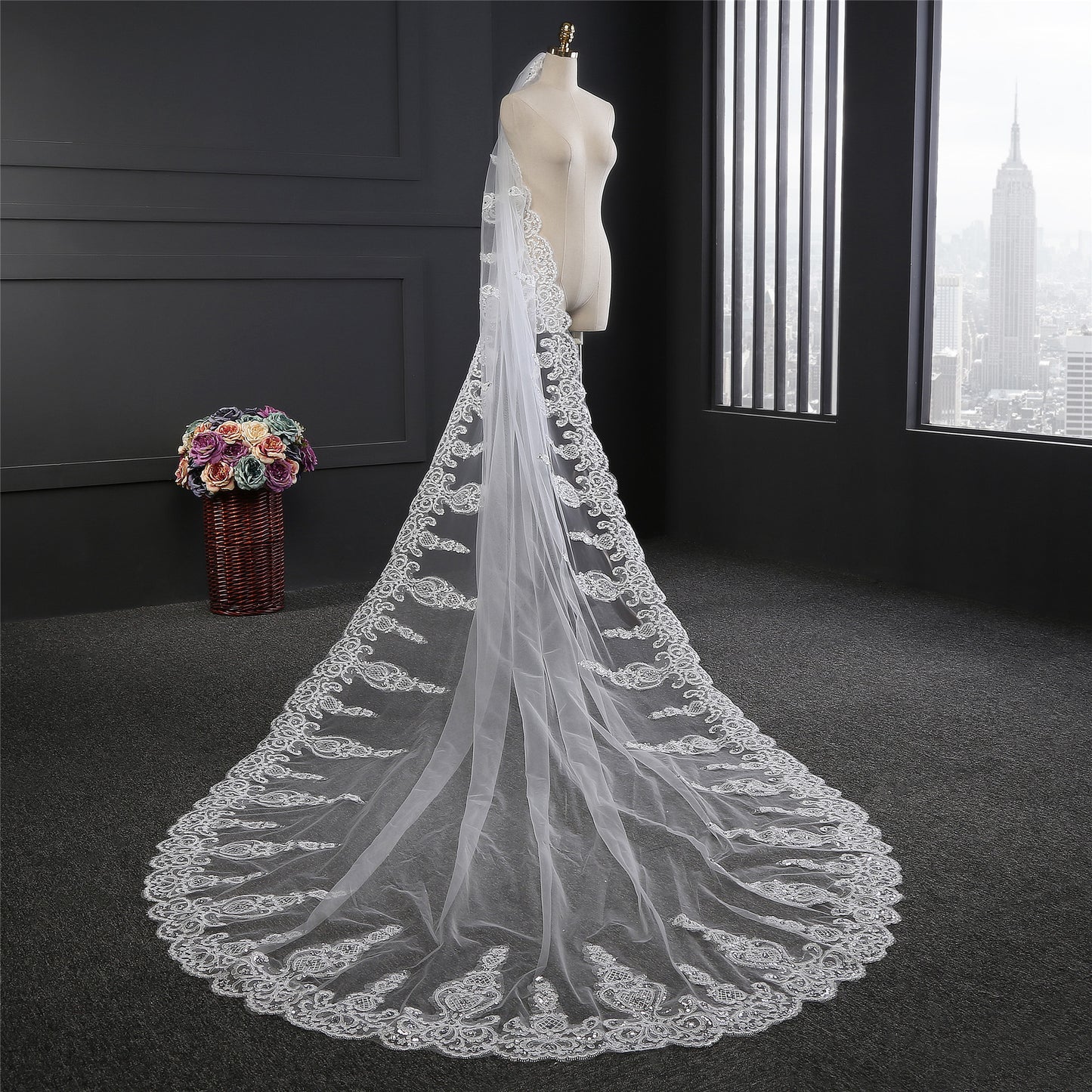 Lace applique long single layer wedding veil