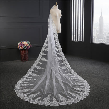 Lace applique long single layer wedding veil