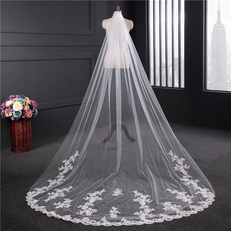 One layer long lace cathedral veil