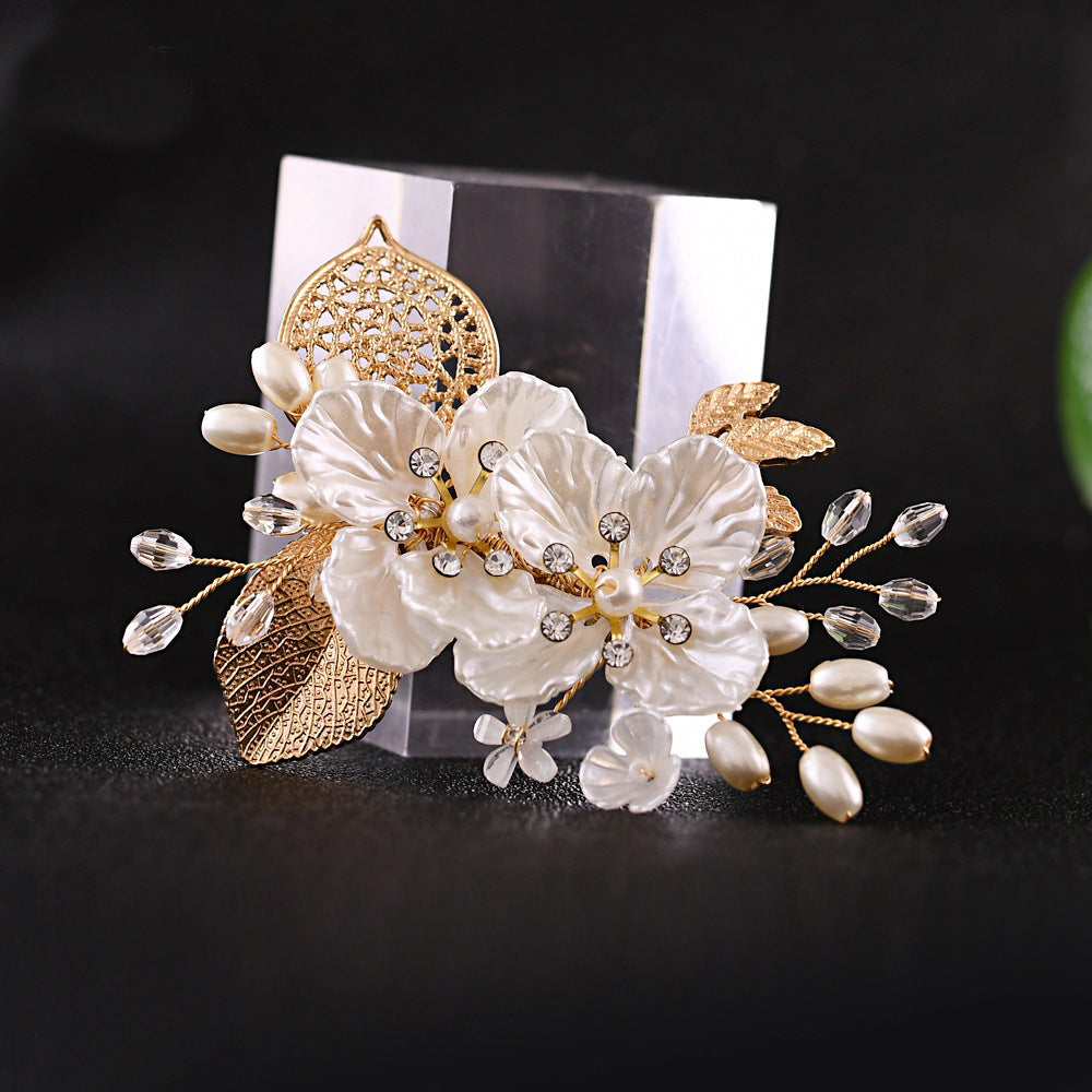 Ornate pearls flower leaf bridal hair clip