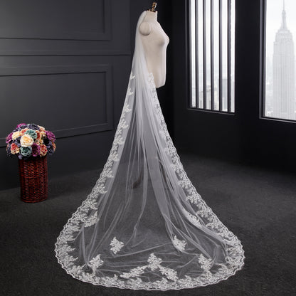 Luxury lace applique cathedral length wedding veil