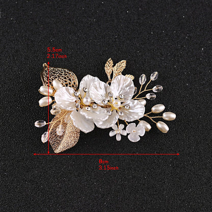 Ornate pearls flower leaf bridal hair clip