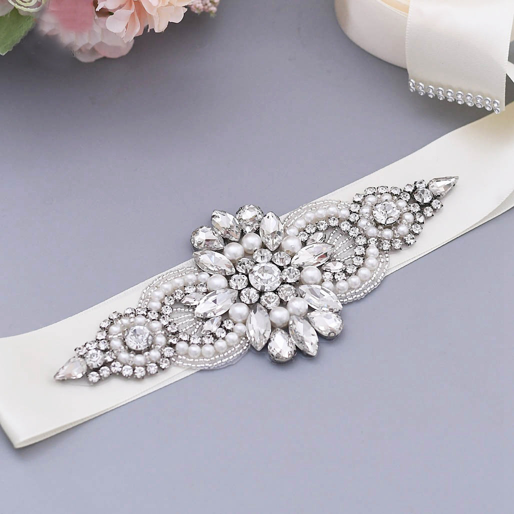 Glamorous rhinestones pearls satin bridal sash