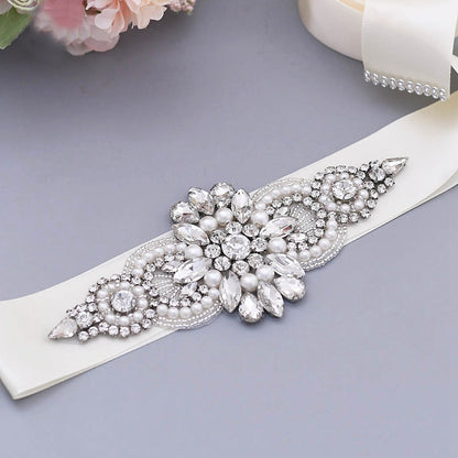 Glamorous rhinestones pearls satin bridal sash