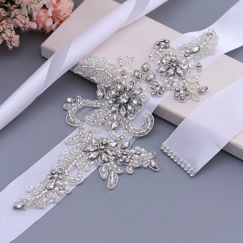 Luxurious Floral Crystal Pearl Bridal Sash