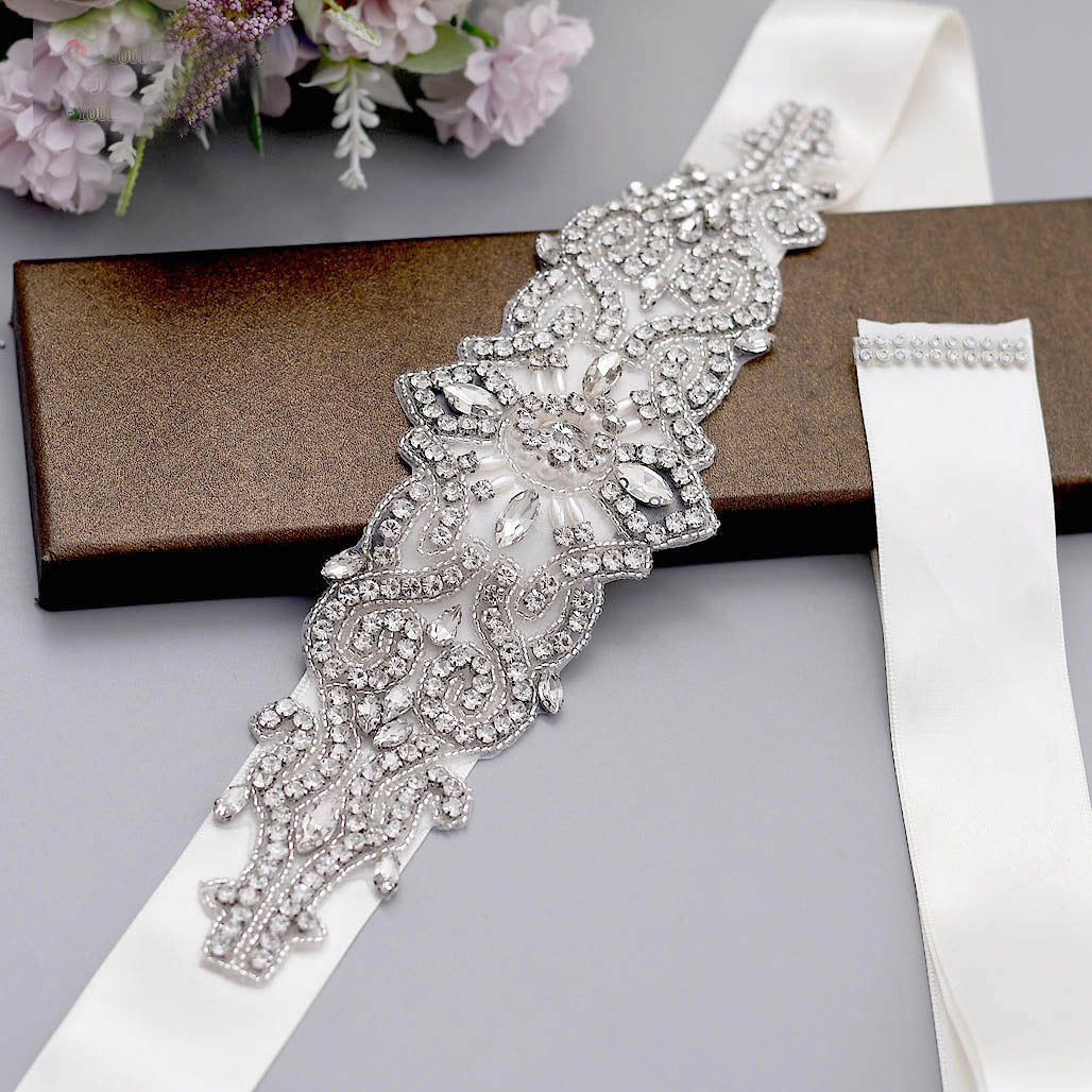 Abstract crystal shiny bridal satin sash