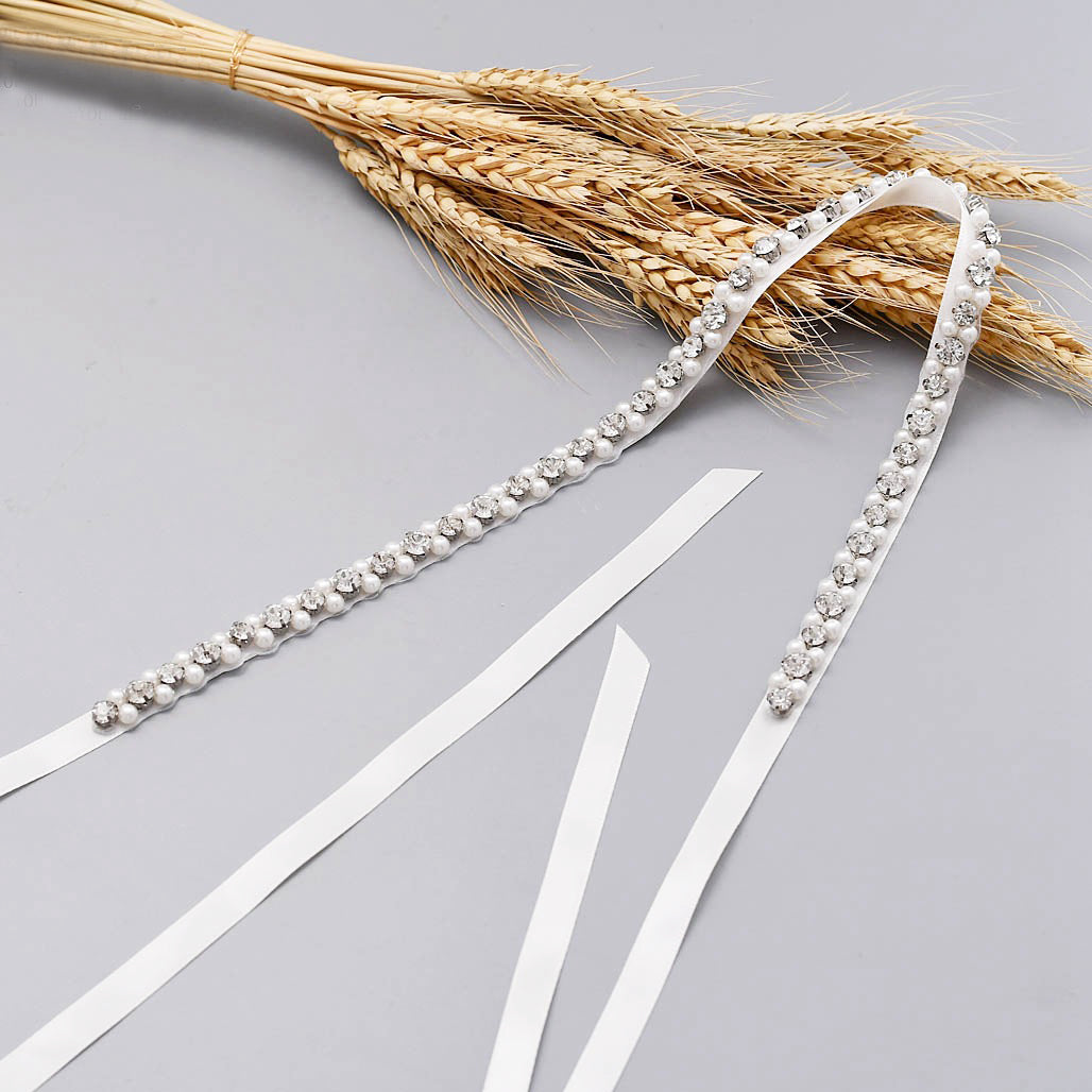 Linear pearls crystals bridal sash