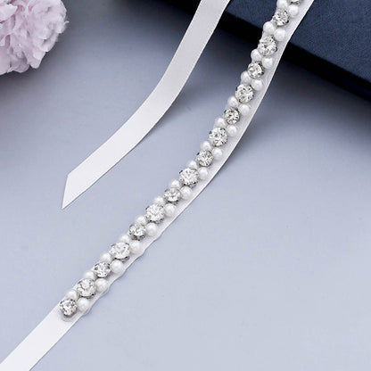 Linear pearls crystals bridal sash