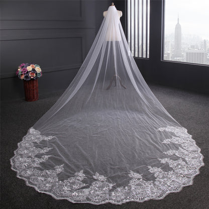 Cathedral Sequins Long Lace Edge Bridal Veil with Comb