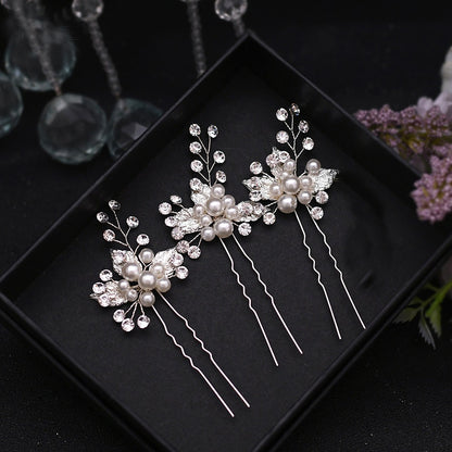 Sparkling rhinestones pearls leaf hair clip