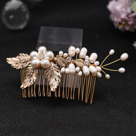 High-end pearls gold leaf bridal comb