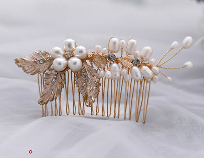 High-end pearls gold leaf bridal comb