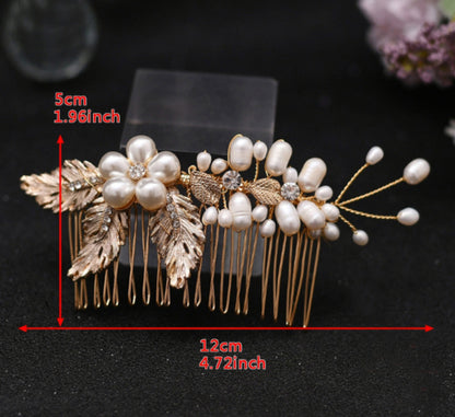 High-end pearls gold leaf bridal comb