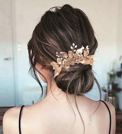 Ornate gold flower leaf bridal comb