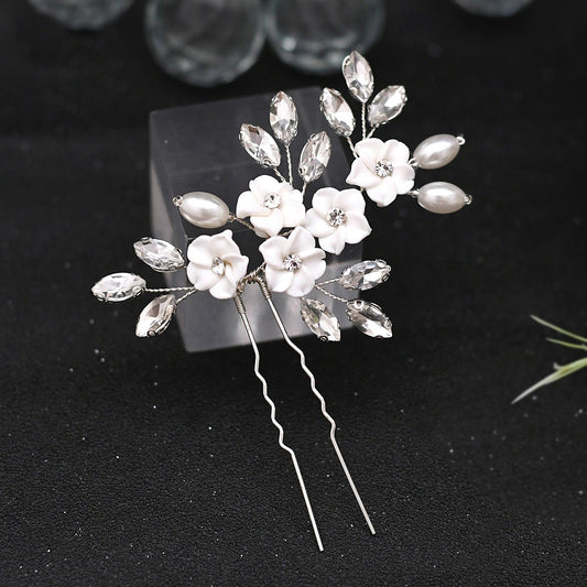 Rhinestone & flower decor bridal hair pin