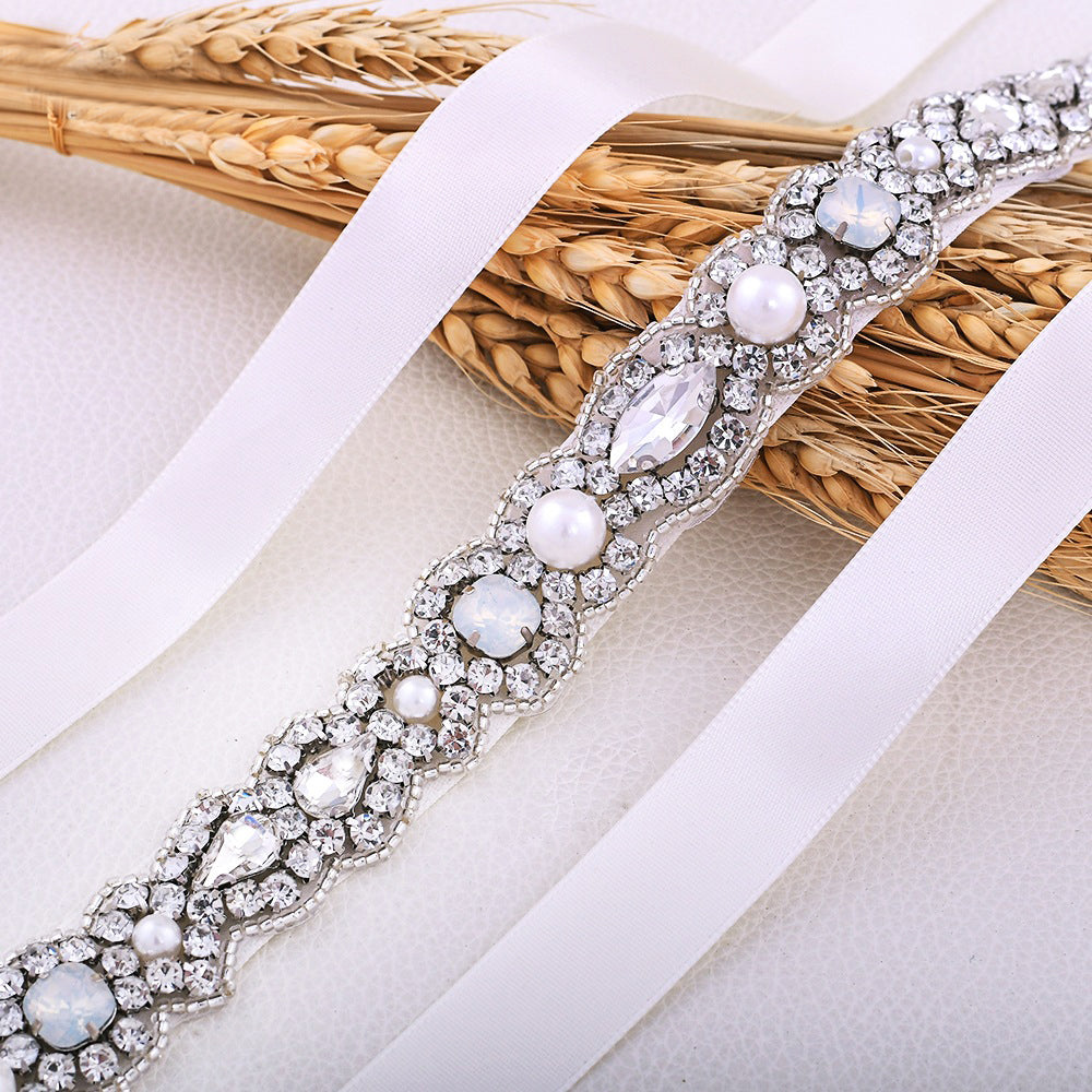 Silver pearl and crystal bridal belt/sash