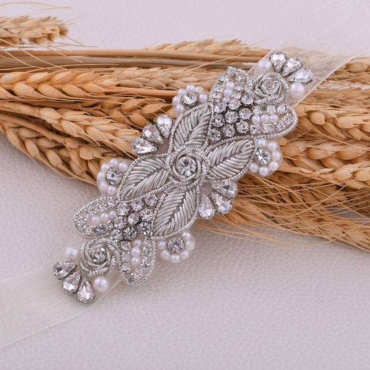 Floral Wire Woven Leaf Pattern Pearls rhinestones Bridal Belt