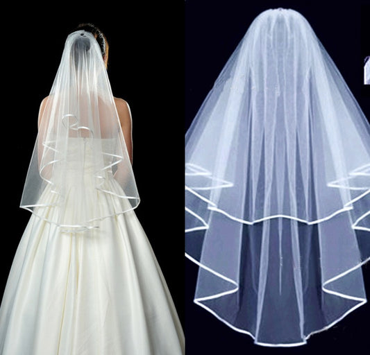 Ribbon edge center cascade bridal wedding veil with comb