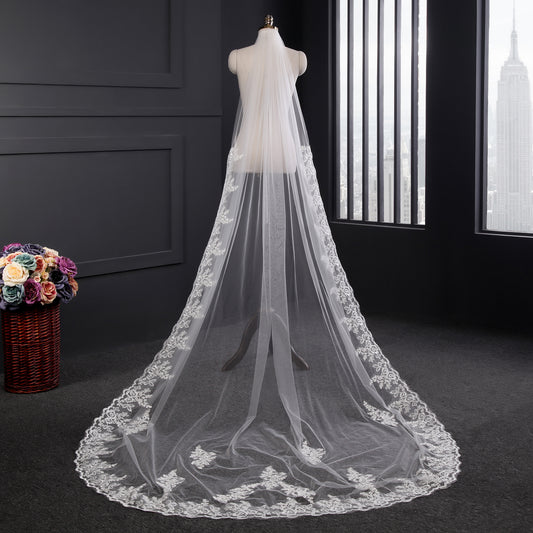 Luxury lace applique cathedral length wedding veil
