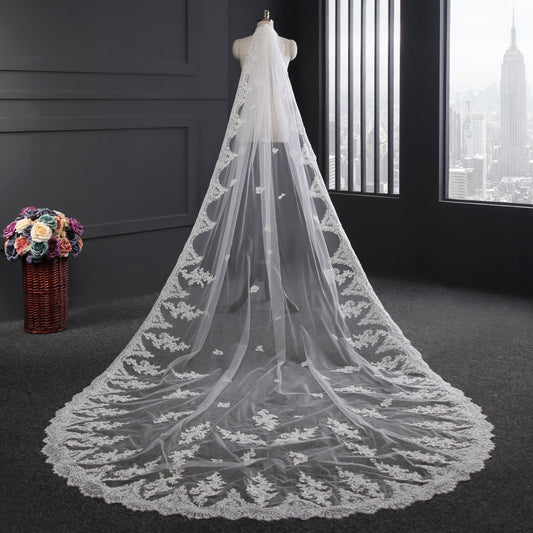 Elegant Lace Long Side Bridal Veil with Comb