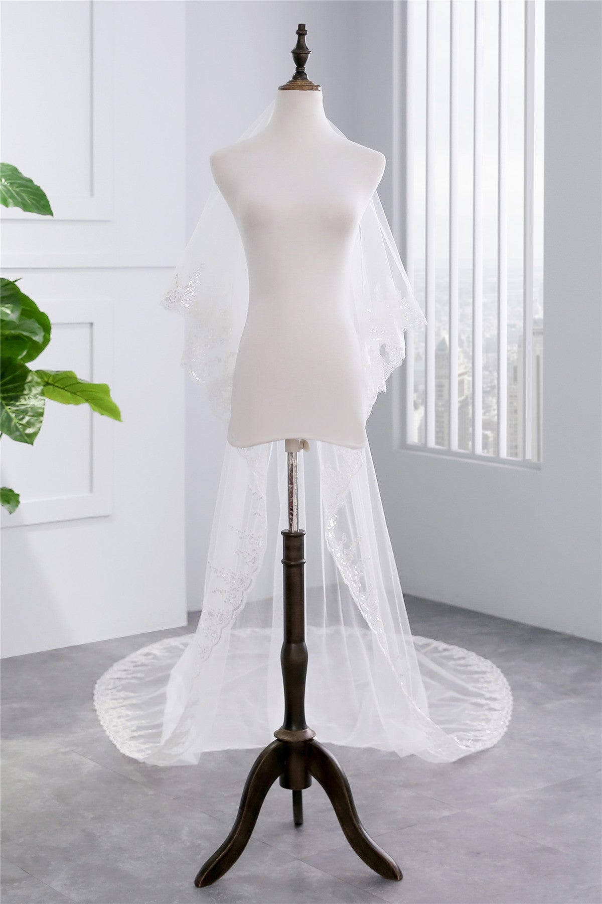 Long white or ivory hem lace wedding veil