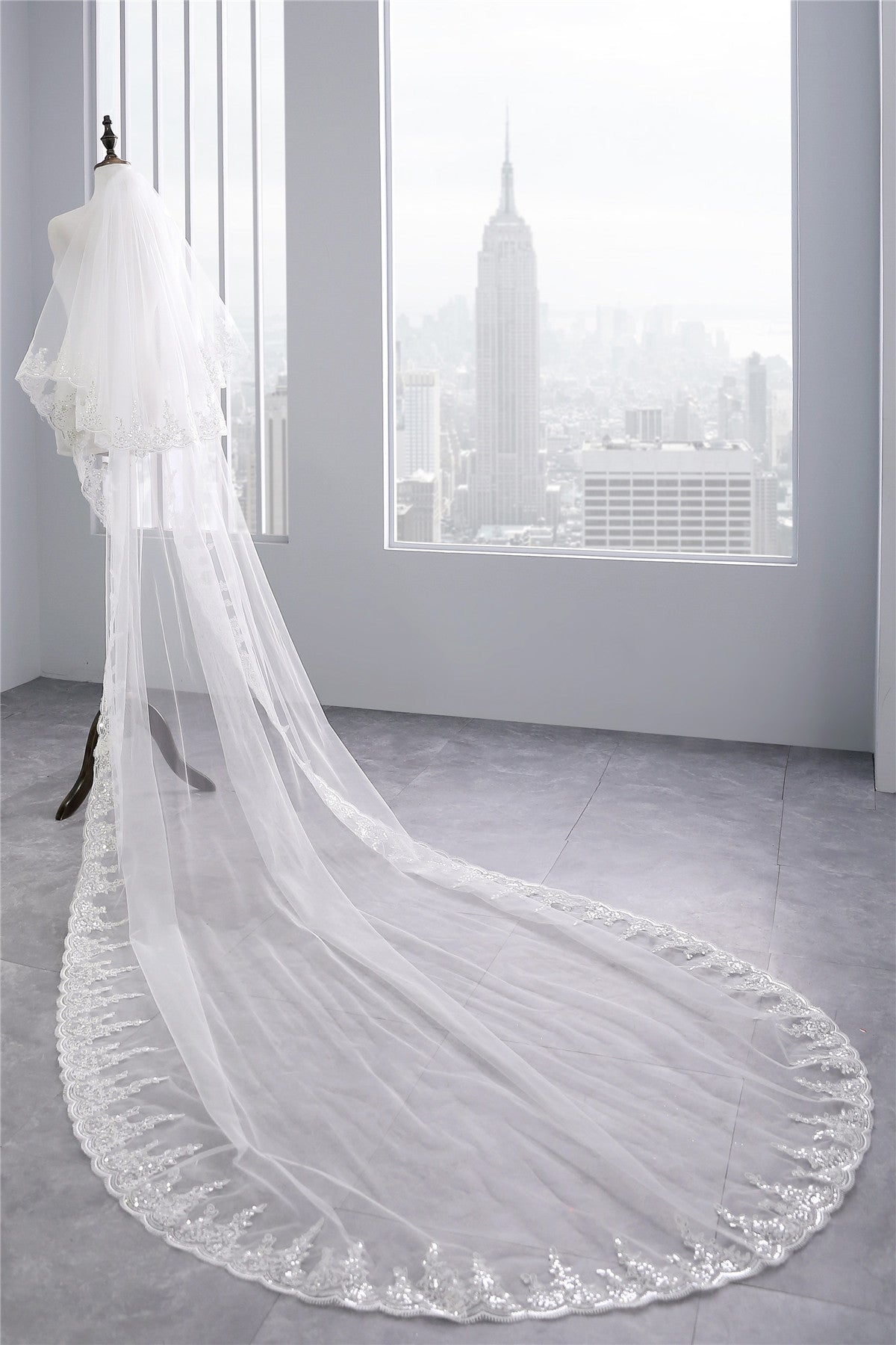 Long white or ivory hem lace wedding veil