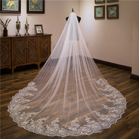 Lace sequins edge long wedding bridal veil