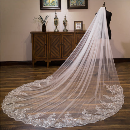 Lace sequins edge long wedding bridal veil