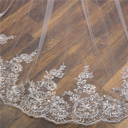 Lace sequins edge long wedding bridal veil