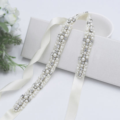 Delicate pearls crystals satin bridal sash