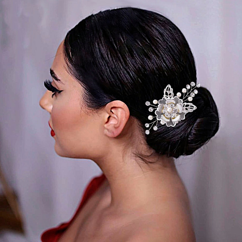 Elegant silver flower faux pearl hairpin for brides