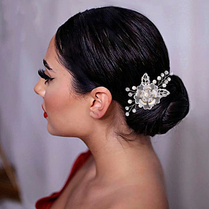 Elegant silver flower faux pearl hairpin for brides