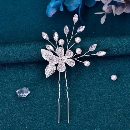 Elegant silver flower faux pearl hairpin for brides