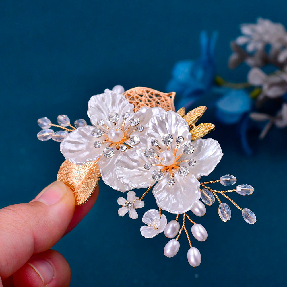 Ornate pearls flower leaf bridal hair clip