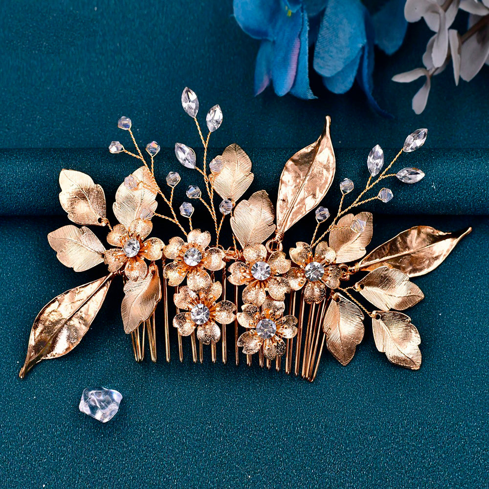 Ornate gold flower leaf bridal comb