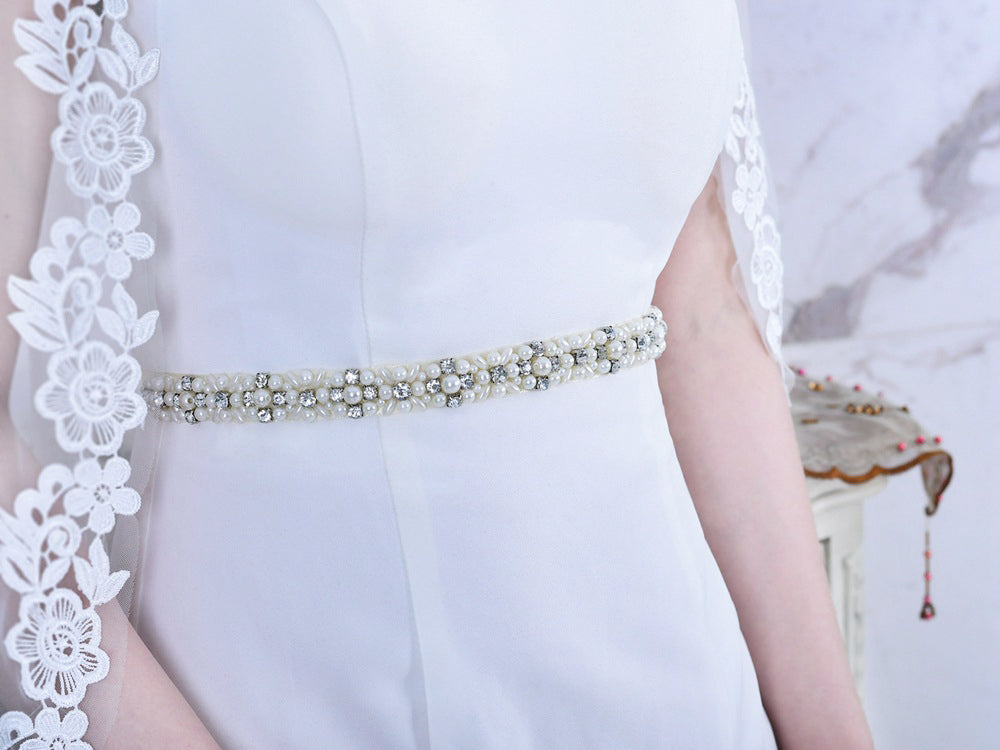 Delicate pearls crystals satin bridal sash