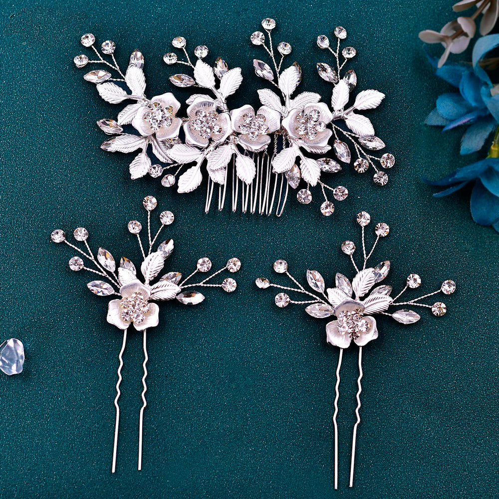 Beautiful floral silver wedding hair comb with head pin