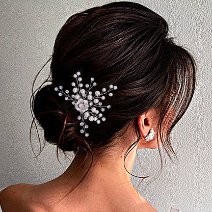 Elegant silver flower faux pearl hairpin for brides