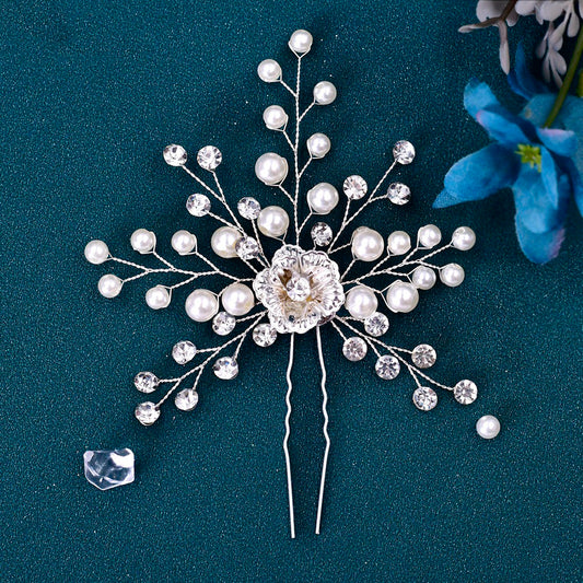 Elegant silver flower faux pearl hairpin for brides