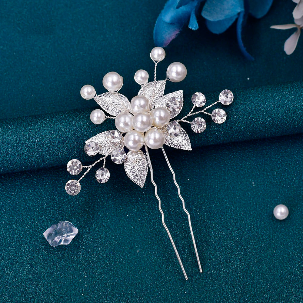 Elegant silver flower faux pearl hairpin for brides