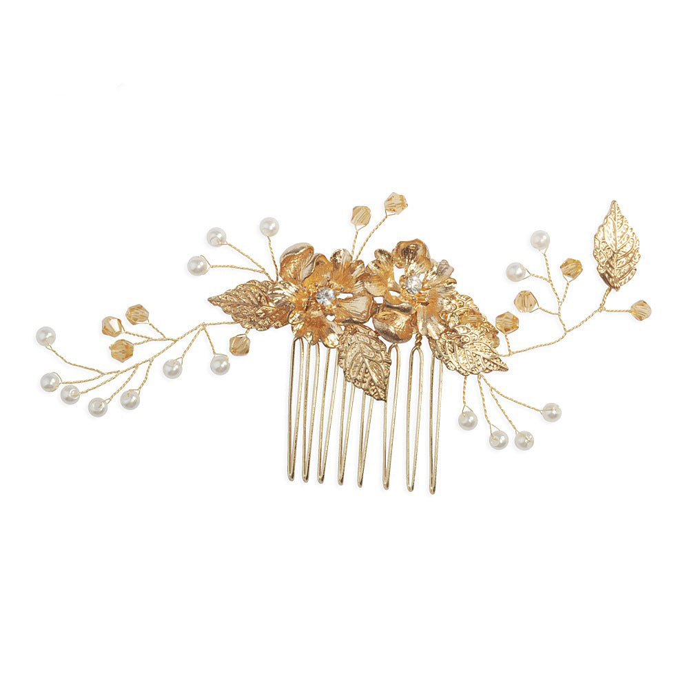 Luxury pearls gold leaf bridal comb